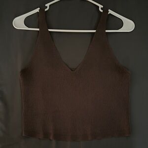 V-Neck Ribbed Crop Tank Top - Brown & Black